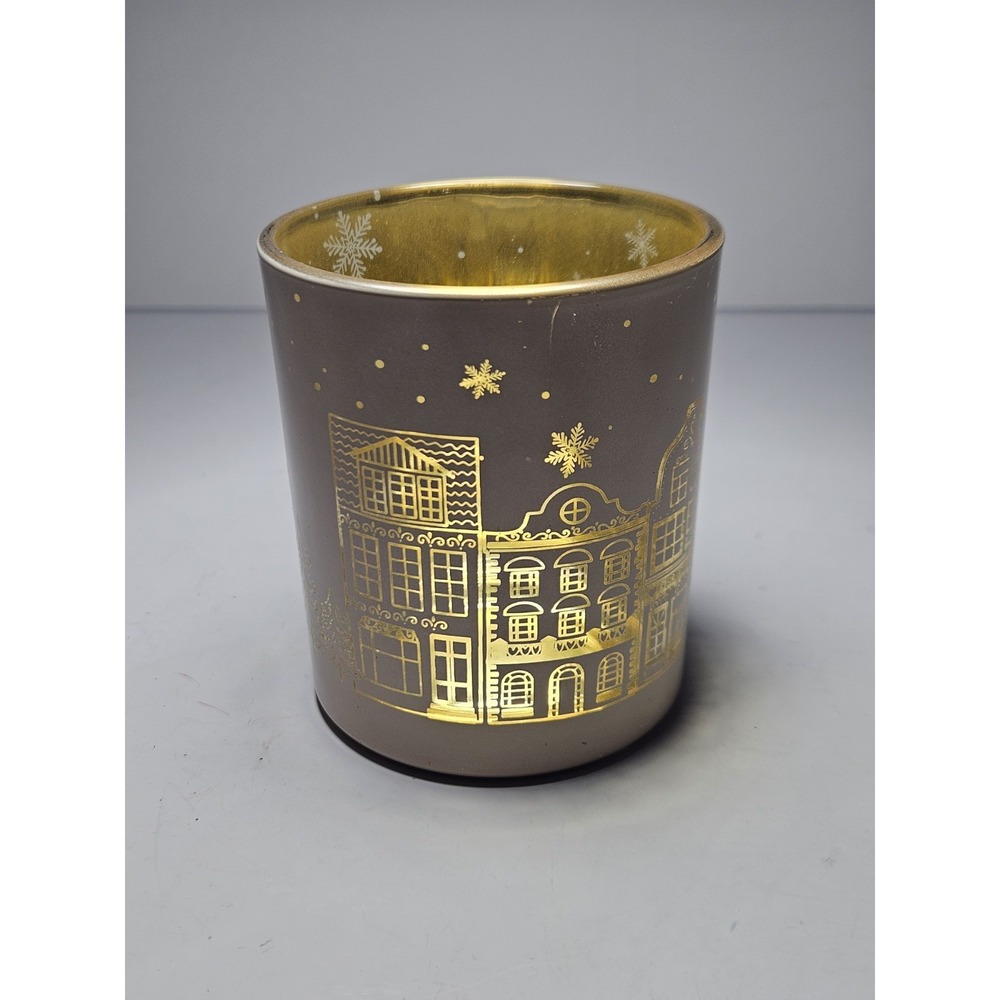 Christmas Votive Candle Holder Gold Glass Tealight Cup Winter Town Snowflake